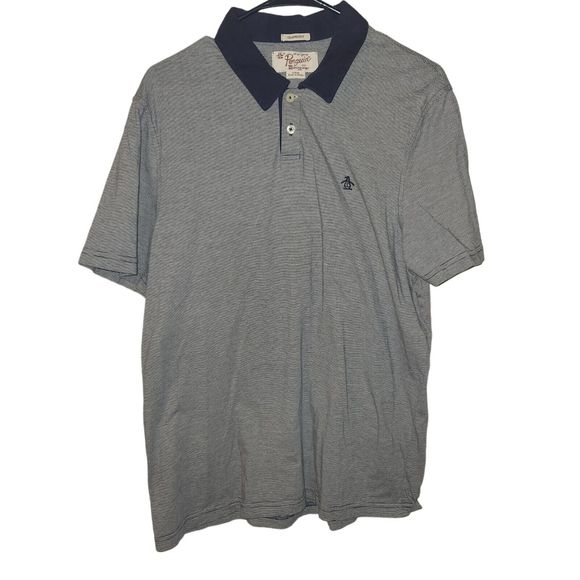 Penguin Munsingwear Polo Navy Blue Striped Short Sleeve Collared‎ Men's Size L - Picture 1 of 3